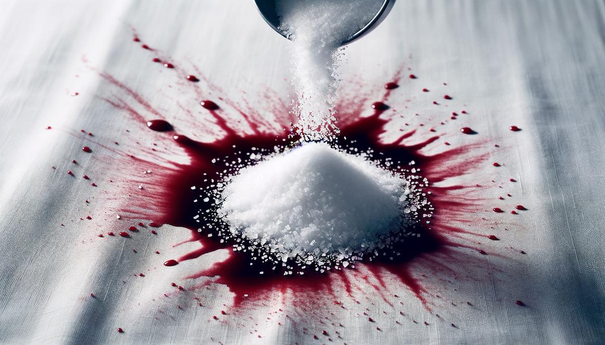Salt being poured onto a red wine stain on a white fabric