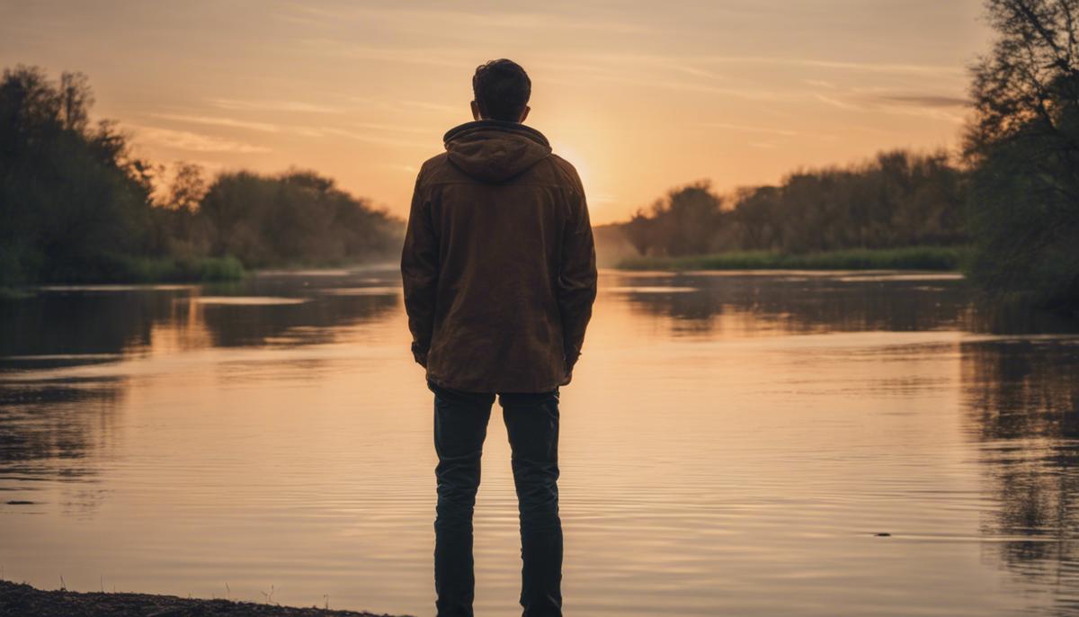 A man standing by a calm river at sunset, deep in thought and reflection