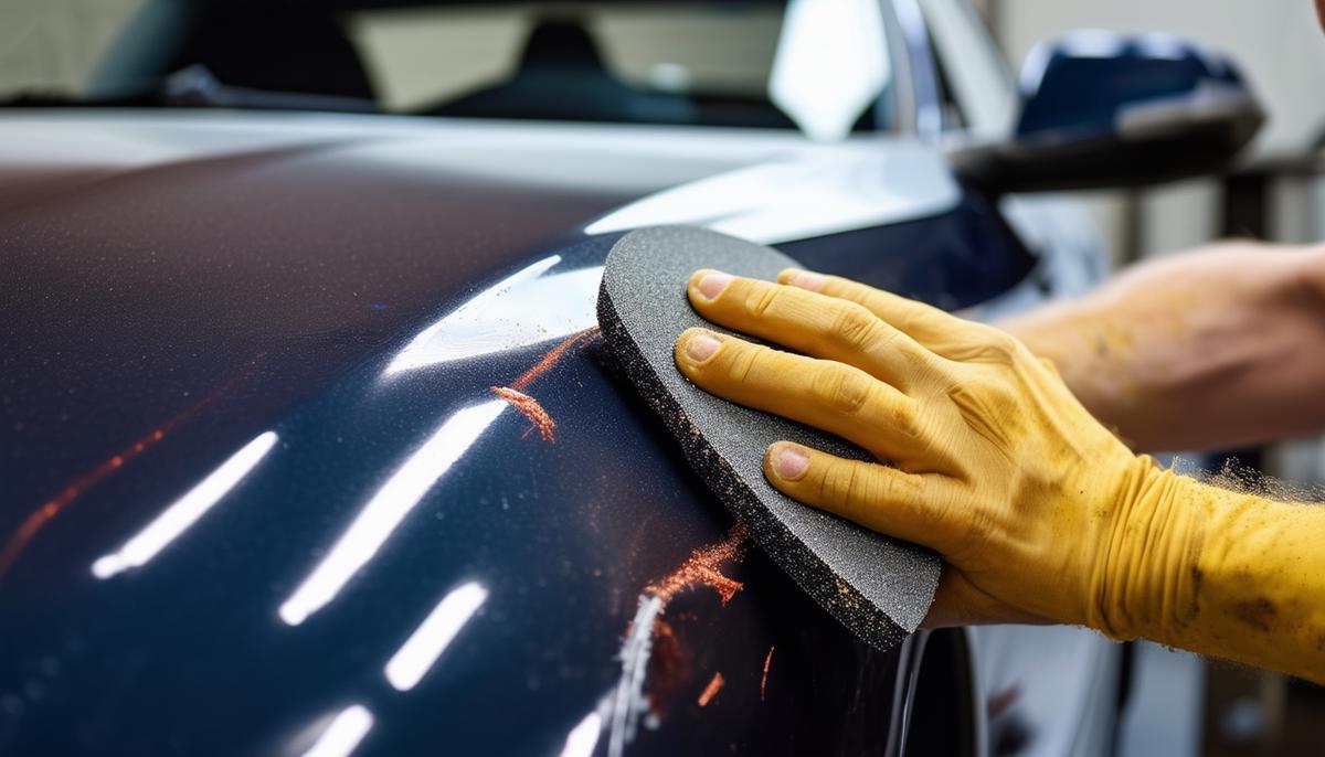 Hand sanding a deep car paint scratch with sandpaper to smooth it out before repainting