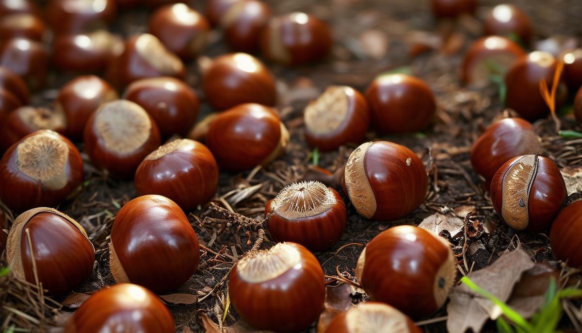 Shiny brown conkers scattered on the ground