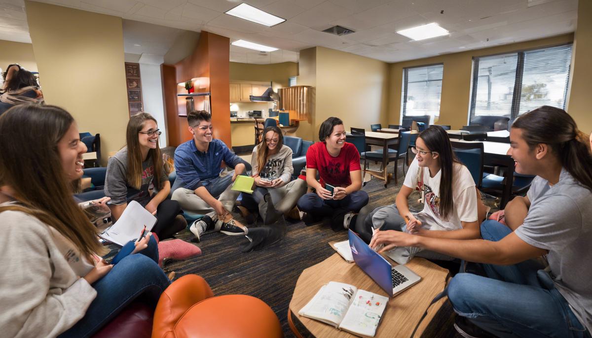 Students studying together in a common area of an SDSU living-learning community residence hall