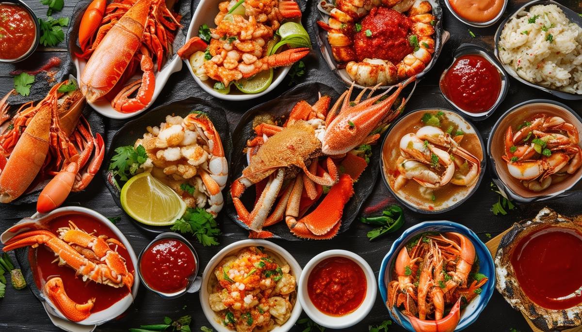 An array of seafood dishes paired with different hot sauces