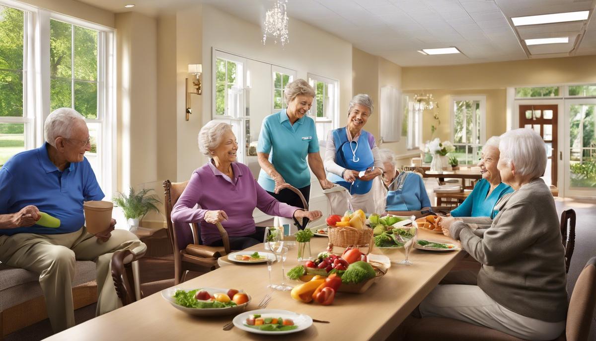 Image depicting various aspects of physical health in senior communities, including exercise, meals, healthcare, safety, social engagement, and personalized care