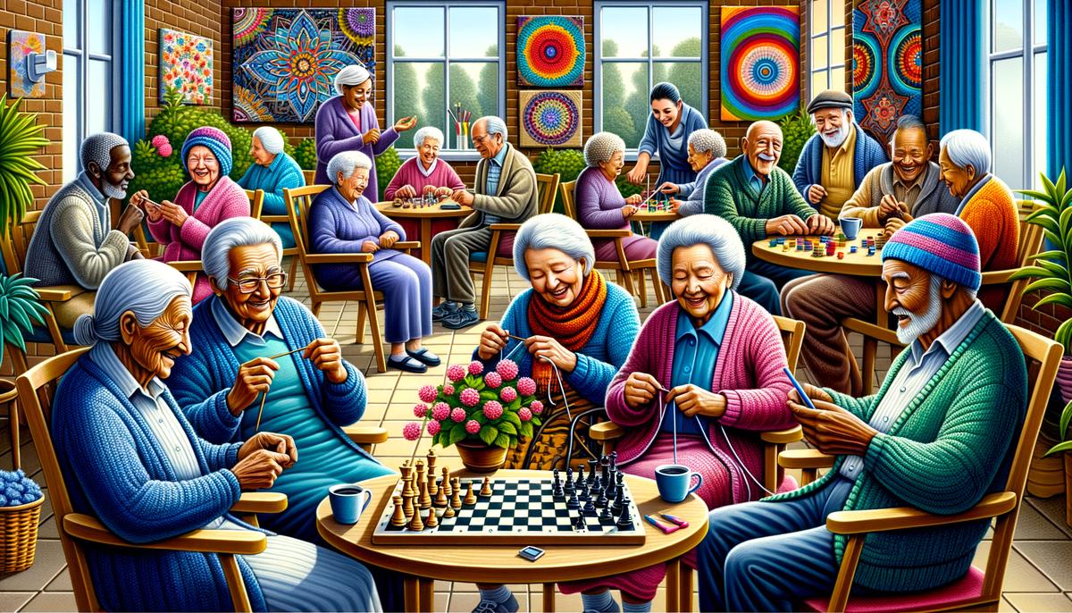 Elderly residents engaging in group activities in a senior living community