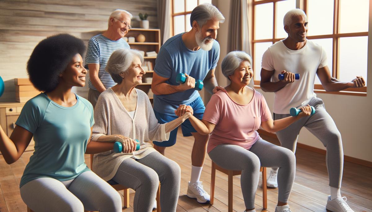 An image of a group of seniors exercising in a community living setting