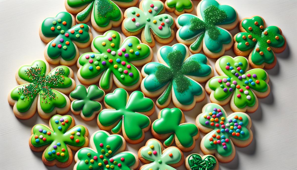 A batch of shamrock cookies decorated with green icing and sprinkles, symbolizing the joy and luck of St. Patrick's Day