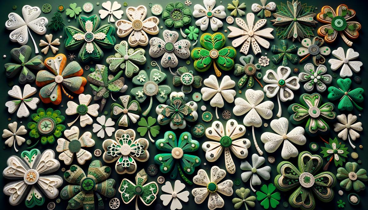 A variety of handcrafted shamrock decorations displayed together, showcasing the creativity and festive spirit