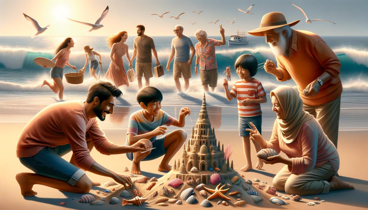 A beach with multiple activities described in the text such as sand sculpting, exploring rock pools, and collecting seashells.