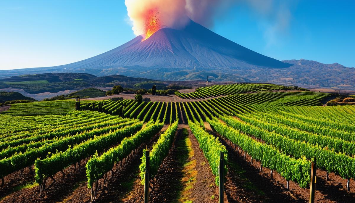 Rows of vineyards on the slopes of Mount Etna in Sicily, Italy, with the active volcano's plume visible in the background.