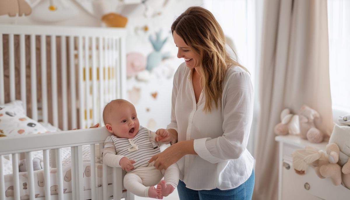 A friendly sleep consultant advising new parents in a beautifully designed nursery.