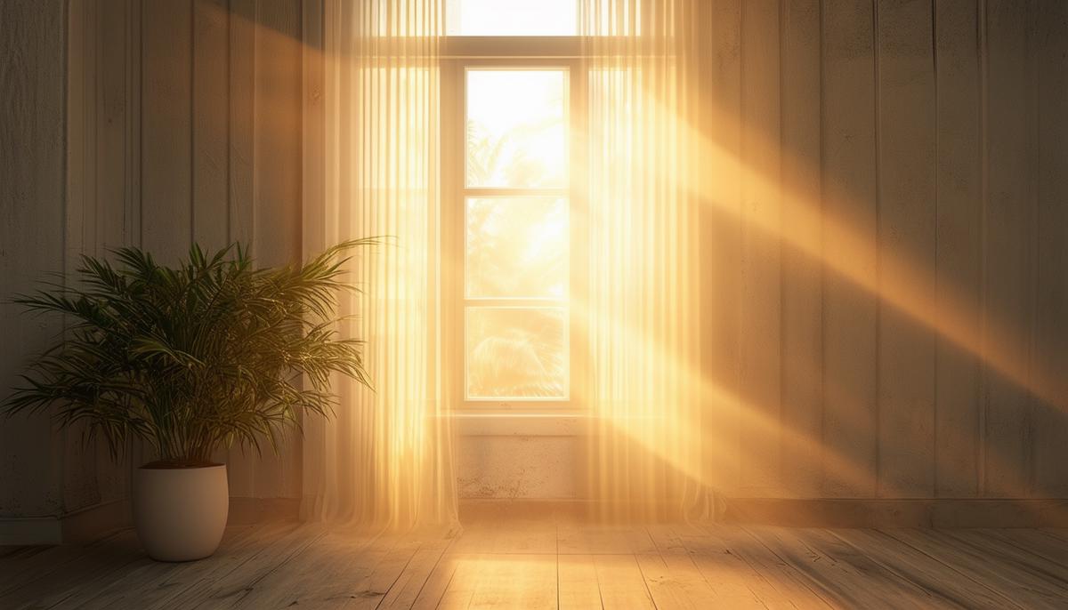 Soft, diffused sunlight streaming through a window, creating an ambient glow in the room