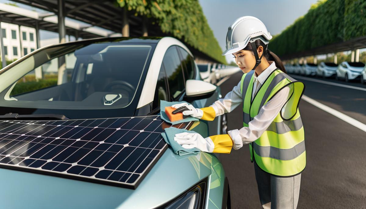 A technician inspecting and cleaning solar panels on the roof of an electric vehicle
