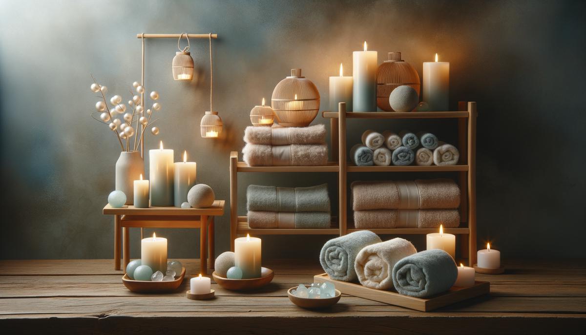 A serene spa setting with candles and towels, perfect for a DIY spa day celebration. Avoid using words, letters or labels in the image when possible.