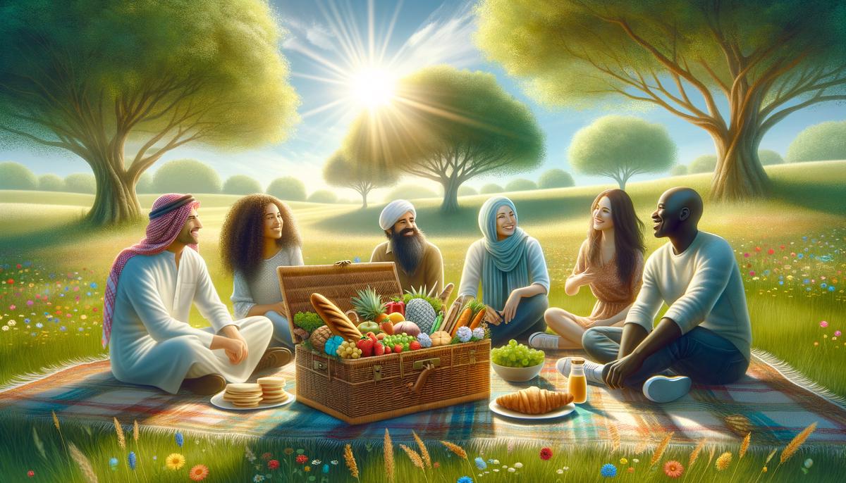 A scene of a picnic on a grass field, with a basket of goodies, people laughing, and the sun shining brightly, embodying the essence of spring.. Avoid using words, letters or labels in the image when possible.