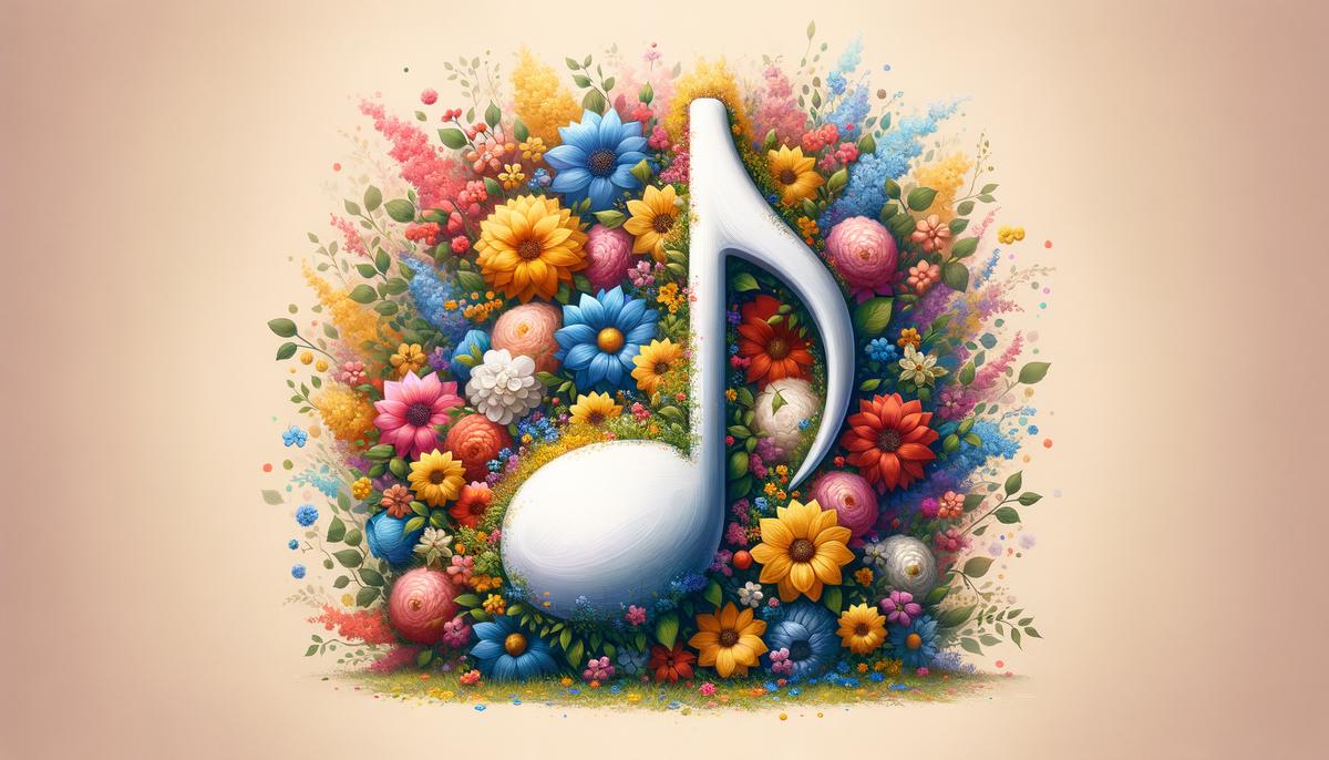 Image of a musical note surrounded by spring flowers. Avoid using words, letters or labels in the image when possible.