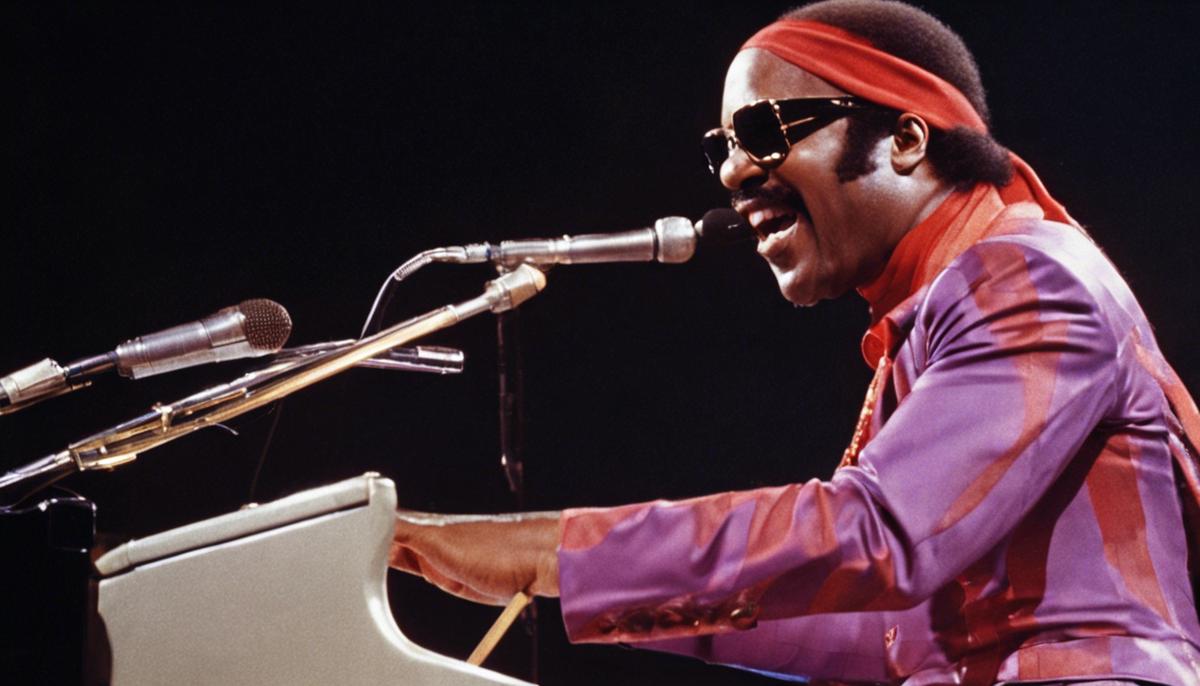 Stevie Wonder passionately performing live on stage, playing multiple instruments during the 1970s