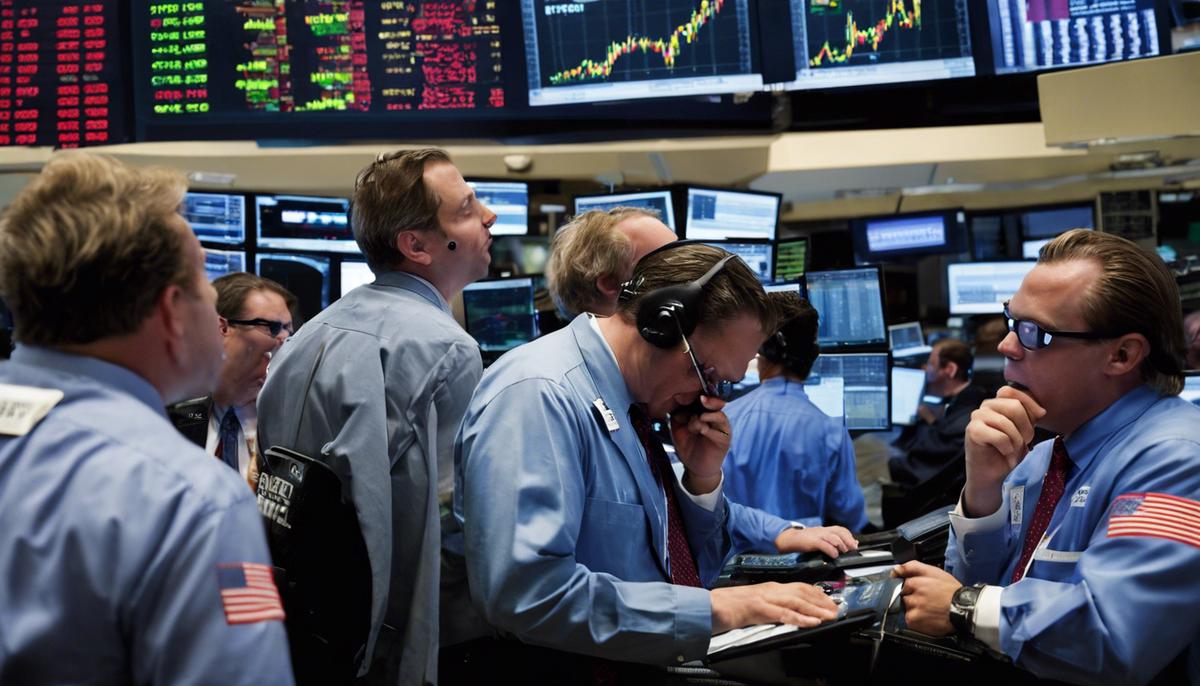 A stock market trading floor with traders reacting to the Federal Reserve's decision to hold interest rates steady