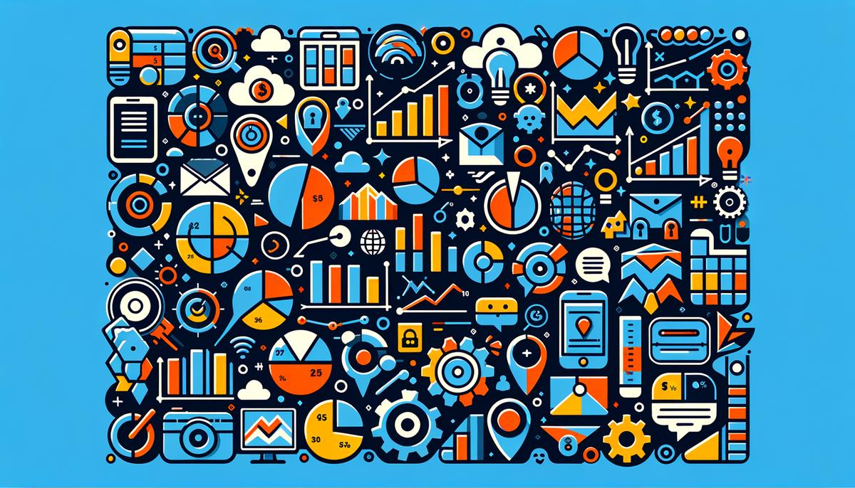 Various digital marketing icons and graphs