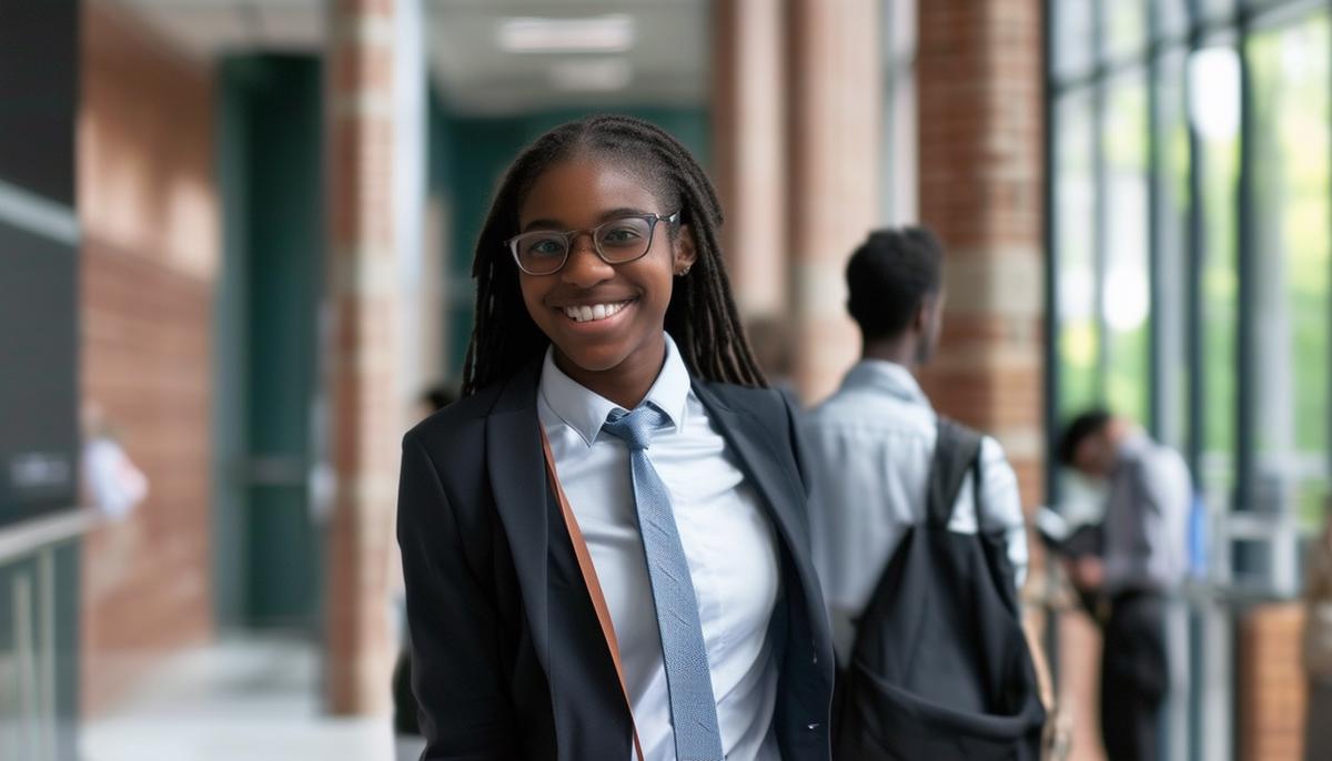 A college student networking professionally, dressed appropriately and maintaining good posture.