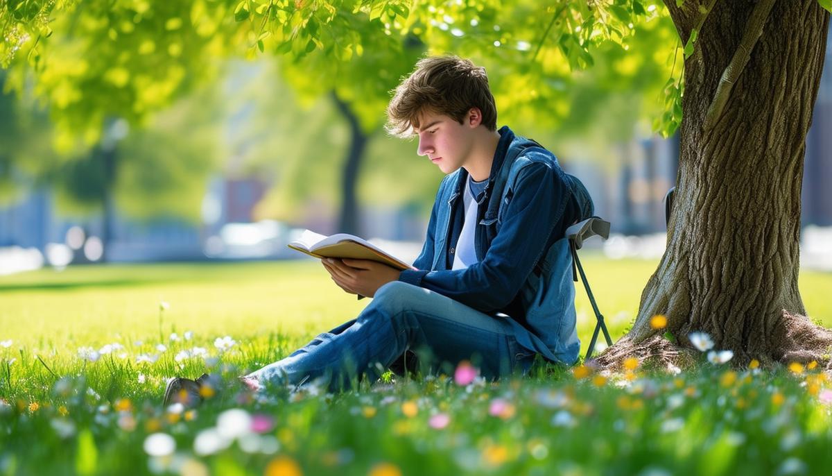 A college student sitting peacefully alone under a tree outside on a nice day, taking a study break to rest and recharge, surrounded by green grass and flowers.