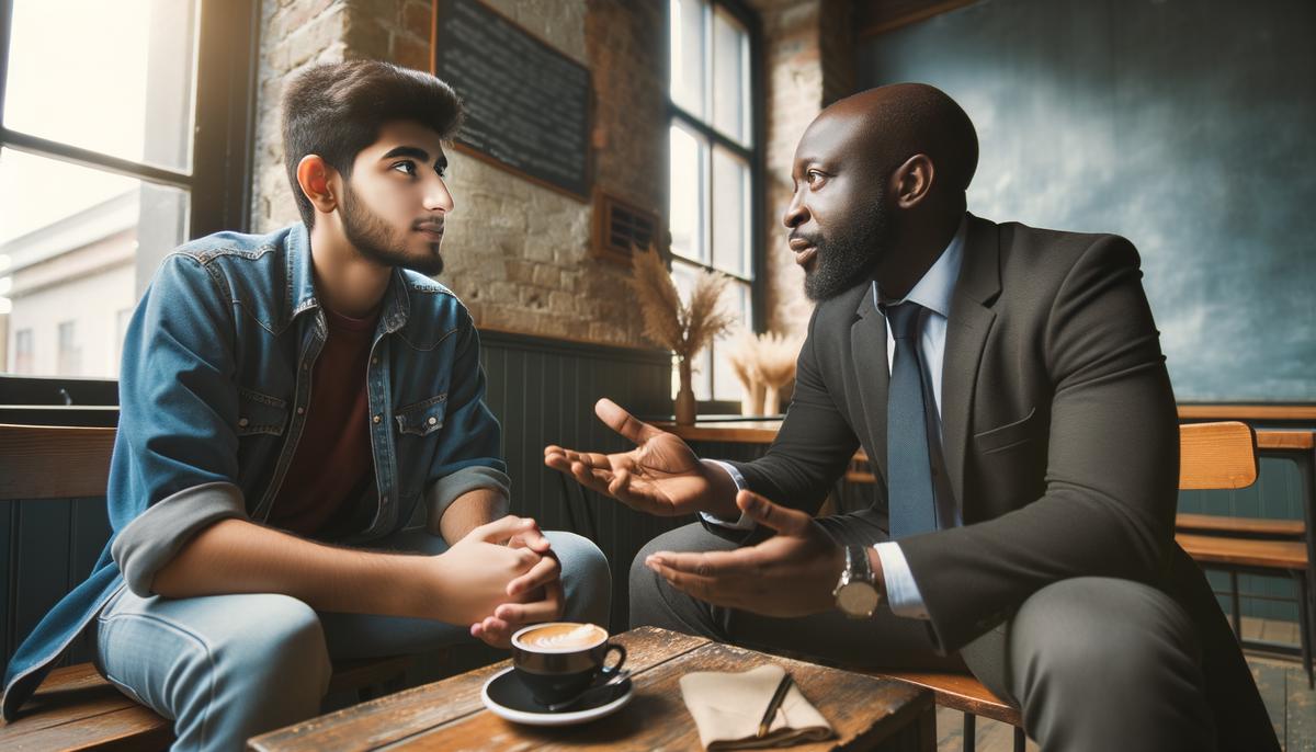 A college student having a one-on-one coffee chat with a professional, engaging in a focused and insightful conversation.