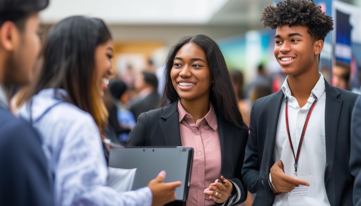 College students dressed professionally, attending a career fair event and interacting with company representatives.