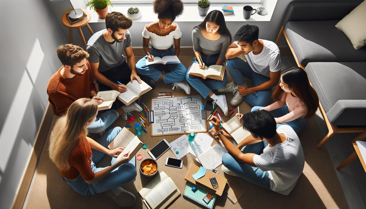 An aerial view of students sitting in a circle, actively engaged in different effective study activities like quizzing each other with flashcards, drawing diagrams on a whiteboard, and working through practice problems together.