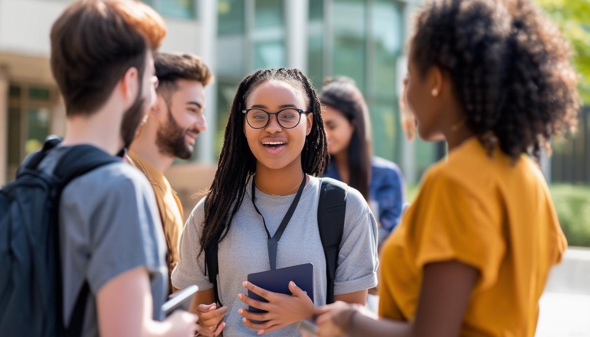 A group of diverse college students networking and building connections on campus, engaged in friendly conversation.