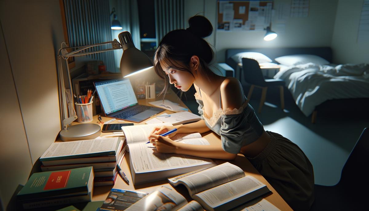 A student sitting alone at a desk the night before a study group session, diligently reviewing course material and jotting down questions to bring for discussion, in preparation for the group meeting.