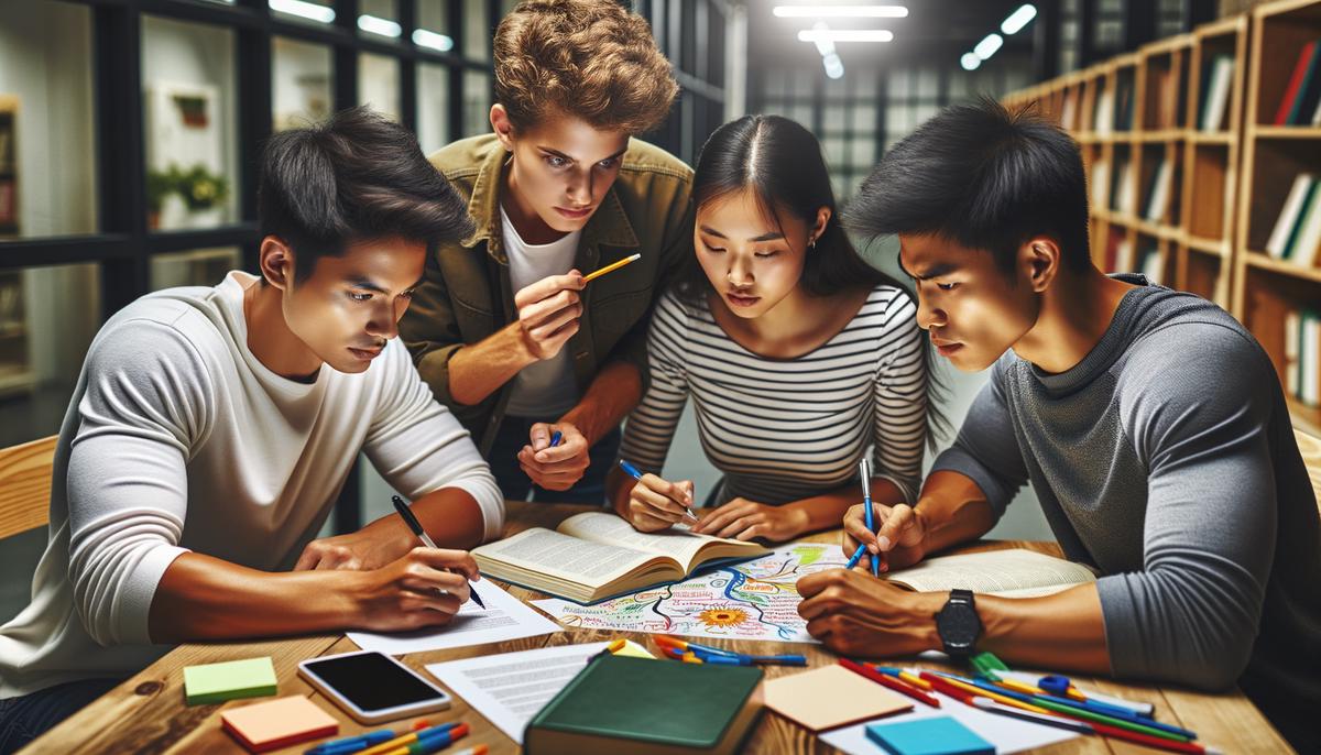 Students in a study group actively applying evidence-based learning strategies like retrieval practice with flashcards, creating mind maps on a whiteboard, and taking turns explaining concepts to each other.