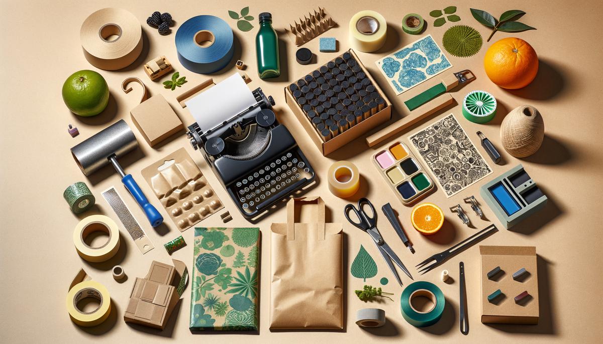 A collection of sustainable and eco-friendly packaging materials, including recycled paper, cardboard, and biodegradable plastics.