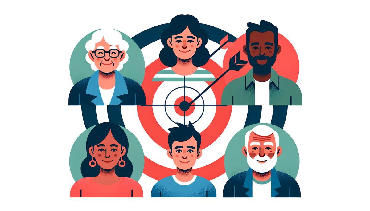 A conceptual image depicting a target audience, represented by various user personas on a bullseye target.