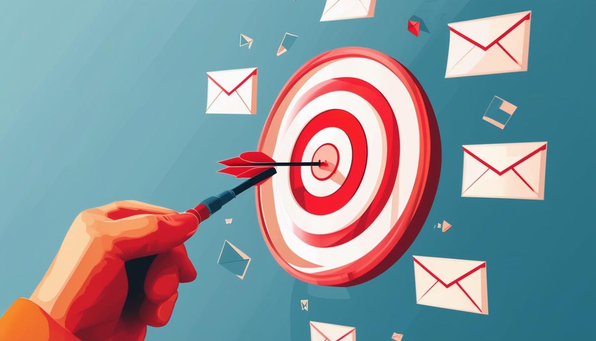 A person holding a dart and aiming at a bullseye target, with email icons surrounding the target, symbolizing the importance of precise targeting and personalization in cold email outreach.