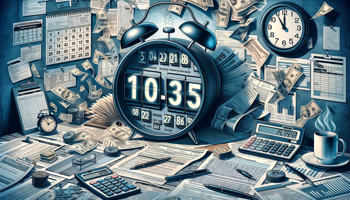 A dynamic illustration depicting a countdown timer with numbers ticking down, surrounded by tax forms, a calendar, and a clock, representing the urgency of upcoming tax deadlines.