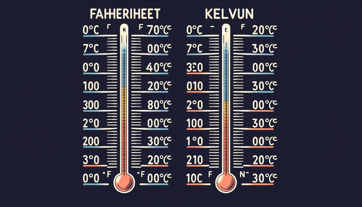 Illustration of Fahrenheit and Kelvin temperature scales for comparison. Avoid using words, letters or labels in the image when possible.