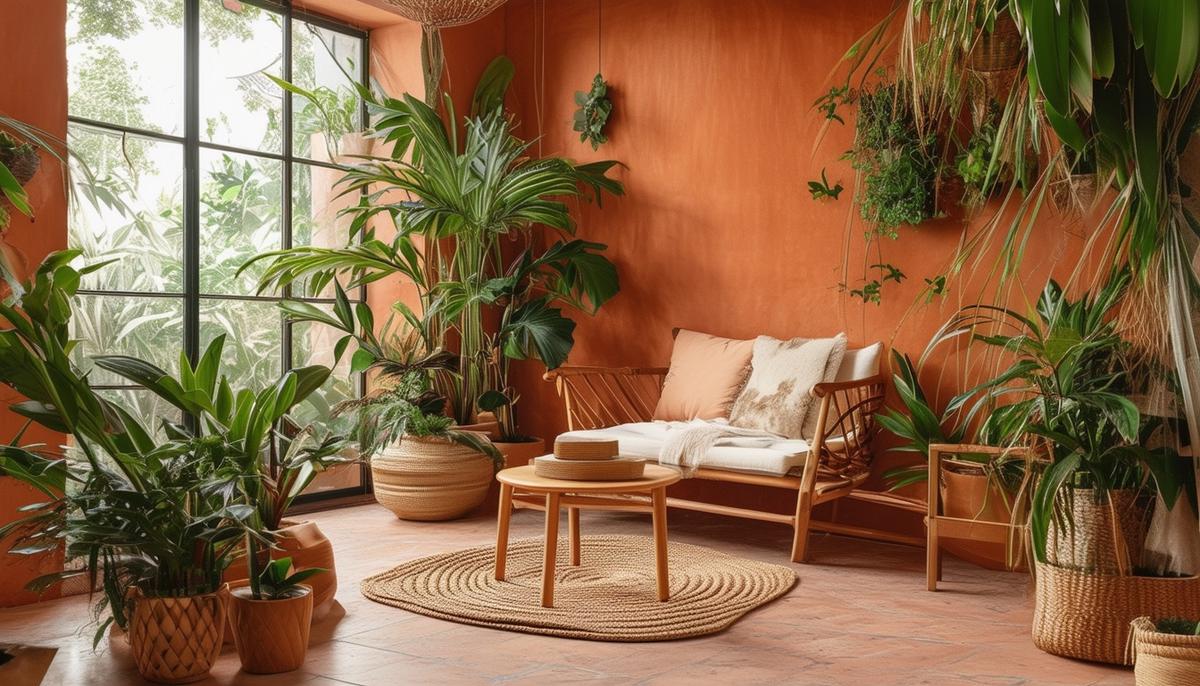 A cozy space with terracotta accents and natural elements like houseplants and wooden furniture.