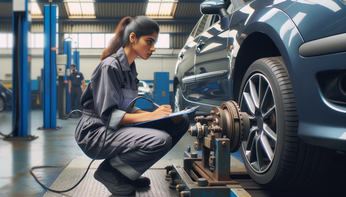 A mechanic testing the braking system of a car on a roller brake tester during an MOT inspection