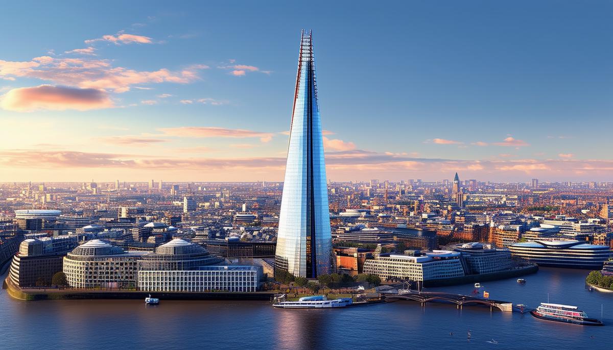 The Shard, a contemporary skyscraper in London designed by Renzo Piano, standing as the tallest building in the city and symbolizing its push towards vertical urban planning.