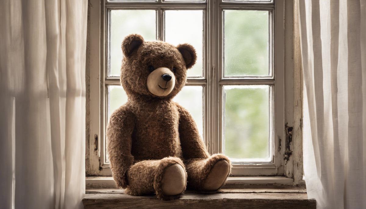 Ein brauner Teddybär sitzt auf einem Holzstuhl und schaut verträumt aus dem Fenster