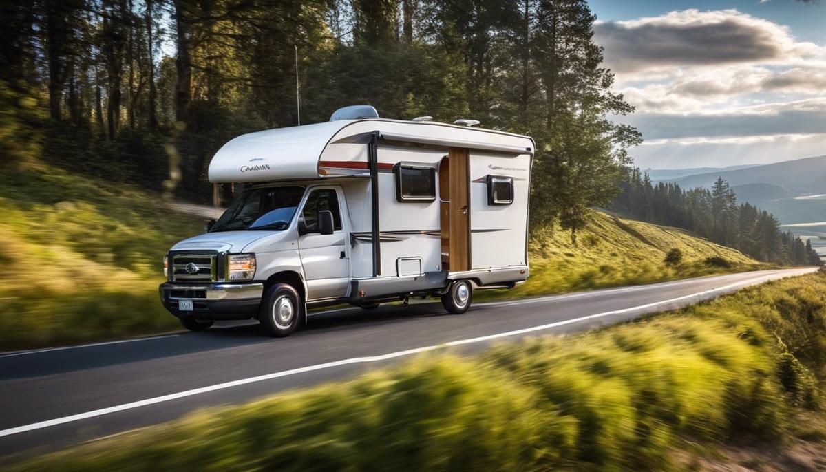 An image of a caravan being towed by a car on a scenic road