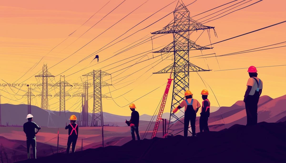 Illustration of workers constructing new high-voltage power transmission lines across the landscape, with no text or labels