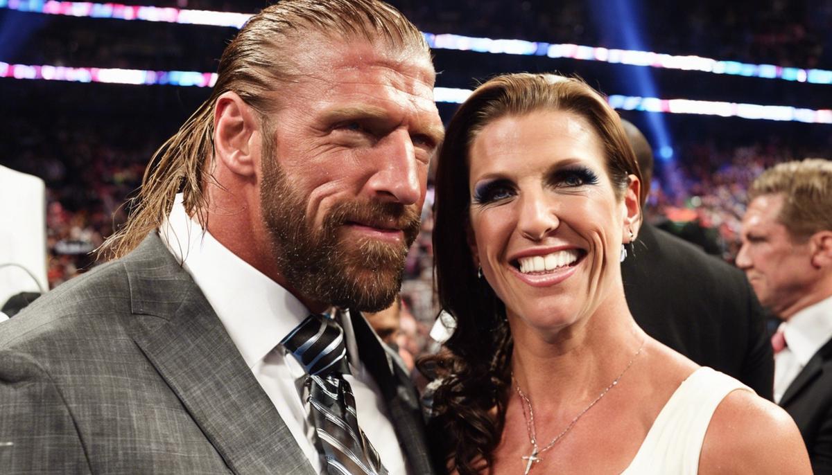 Triple H and Stephanie McMahon smiling and embracing backstage at a WWE event