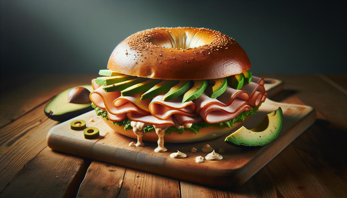 A turkey avocado bagel with thick-cut turkey, ripe avocado slices, and chipotle mayo on a wooden cutting board