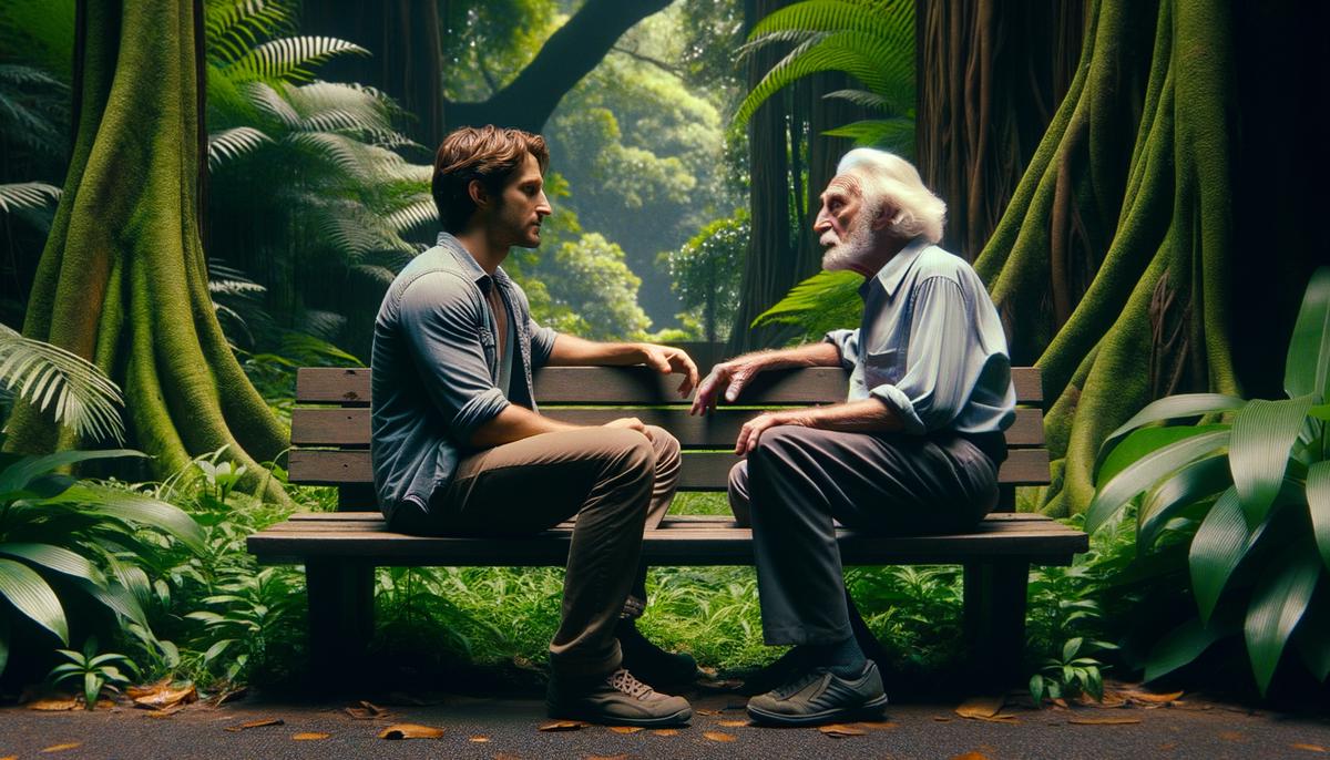 A young man and an elderly man engaged in a meaningful conversation while sitting on a bench in a lush, hidden park