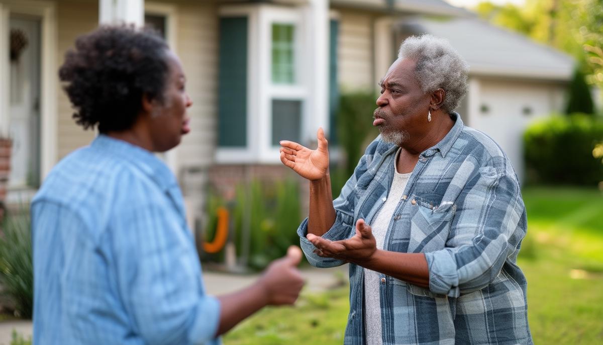 Two neighbors chatting outside their homes, with one gesturing concern, with the conversation appearing to be about shared issues with water pressure.