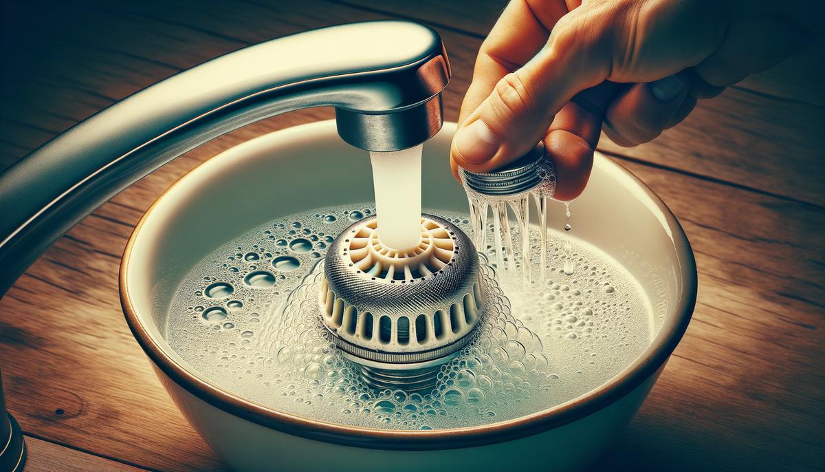 Faucet aerator soaking in a bowl of vinegar to dissolve mineral buildup and unclog it to improve water flow.