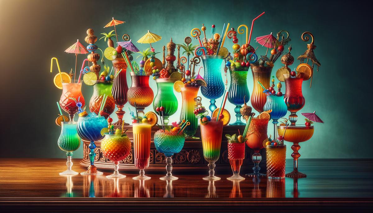 Various unique drinks on a table, with vibrant colors and exotic decorations. Avoid using words, letters or labels in the image when possible.