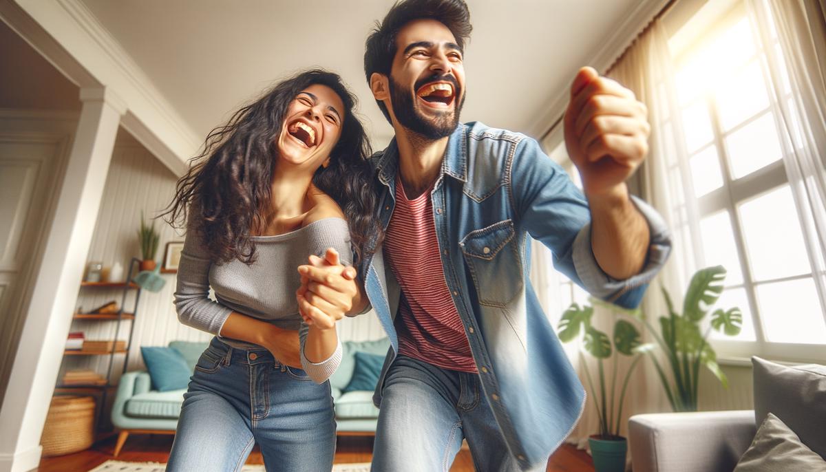 Two friends laughing and dancing in a living room, symbolizing the unexpected adventures and support mentioned in the text