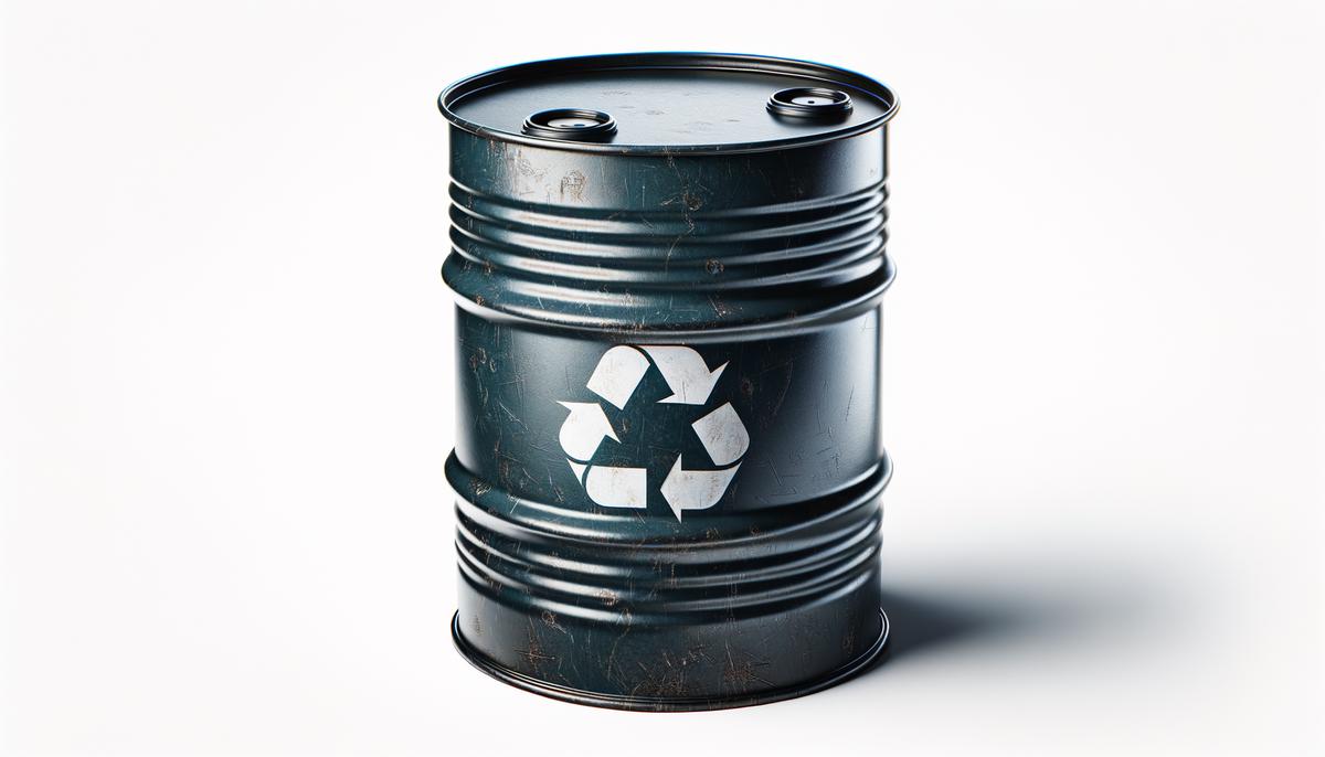 A large recycling container or drum specifically designed for the proper disposal and recycling of used motor oil.