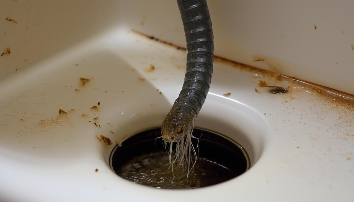 A plastic drain snake being inserted into a clogged shower drain to snag and remove hair and debris deeper in the pipes.